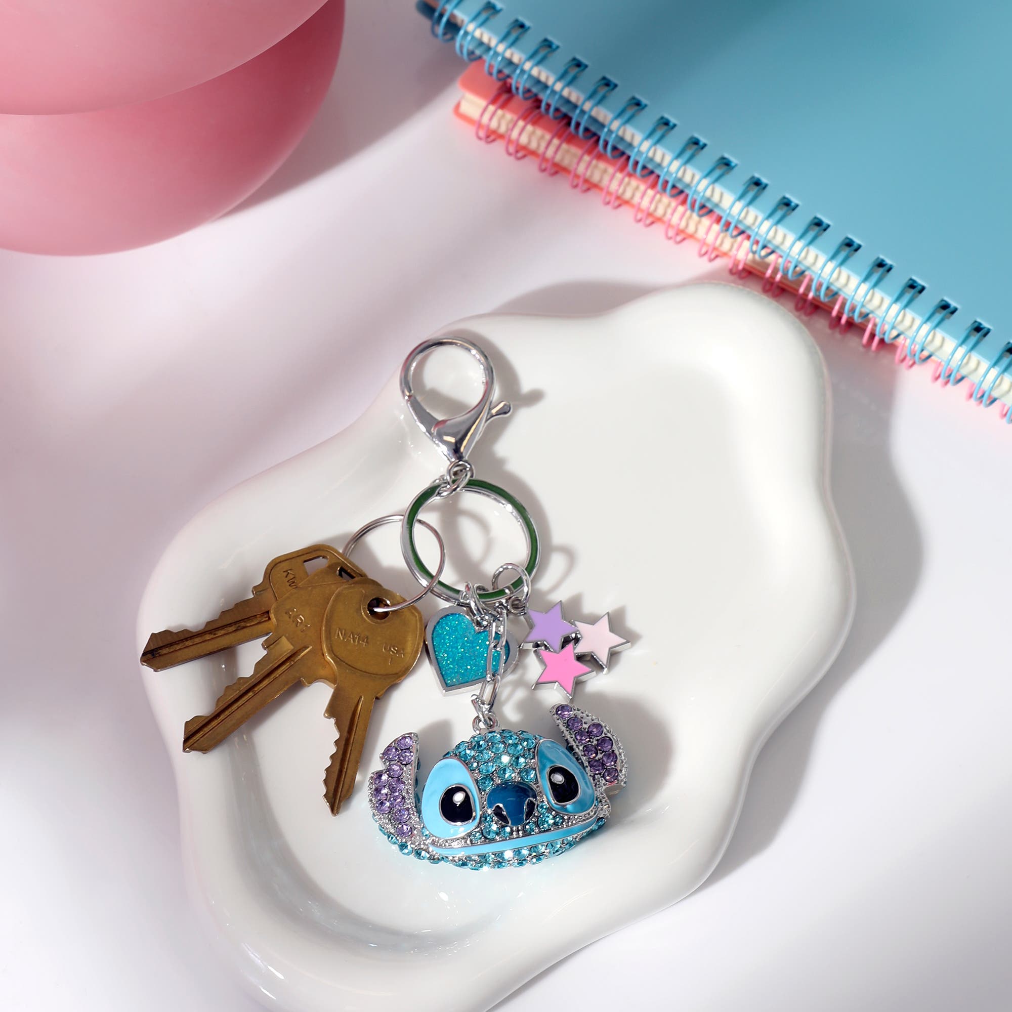Disney Stitch Crystal Keychain with Heart & Star Charms, Silver‑Tone, Alternate, color, Blue