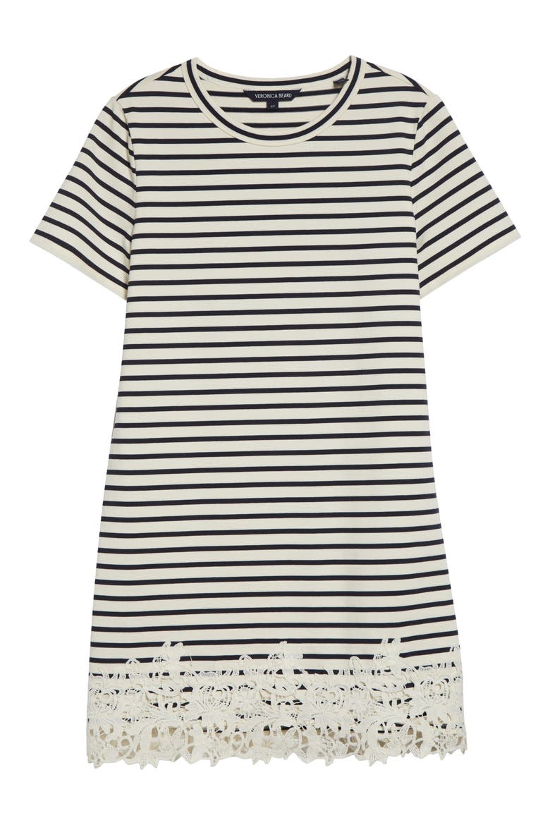 Rhue Embroidered Hem T-Shirt Dress, Alternate, color, DOVE NAVY STRIPE