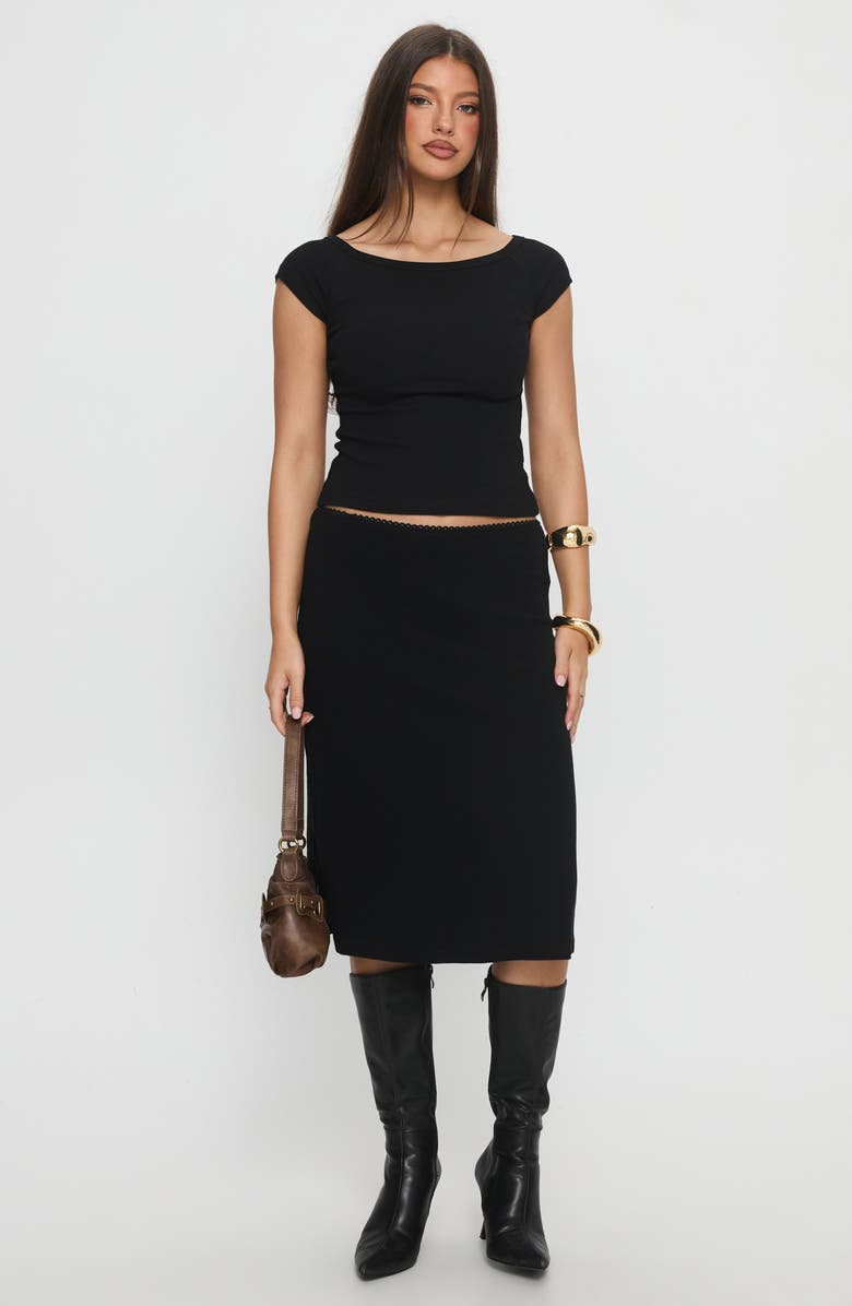 Princess Polly Baseline Stretch Recycled Cotton Rib Midi Skirt, Alternate, color, Black