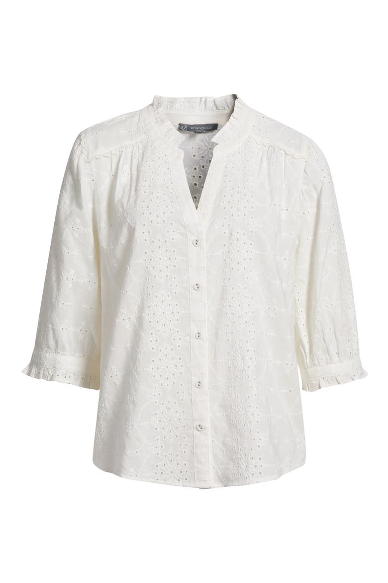 Ruffle Collar Eyelet Button-Up Shirt, Alternate, color, OFF WHITE