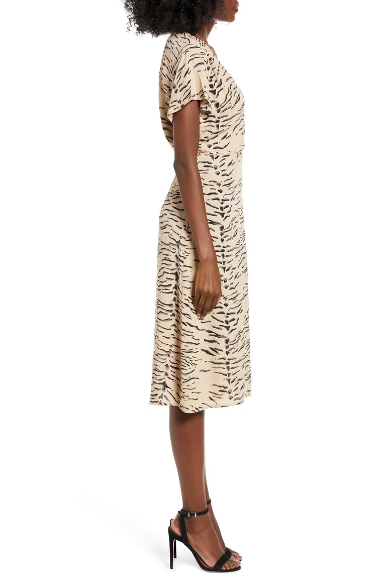 Print Flutter Sleeve Wrap Dress, Alternate, color, TAN TAUPE DISAPPEARING ANML