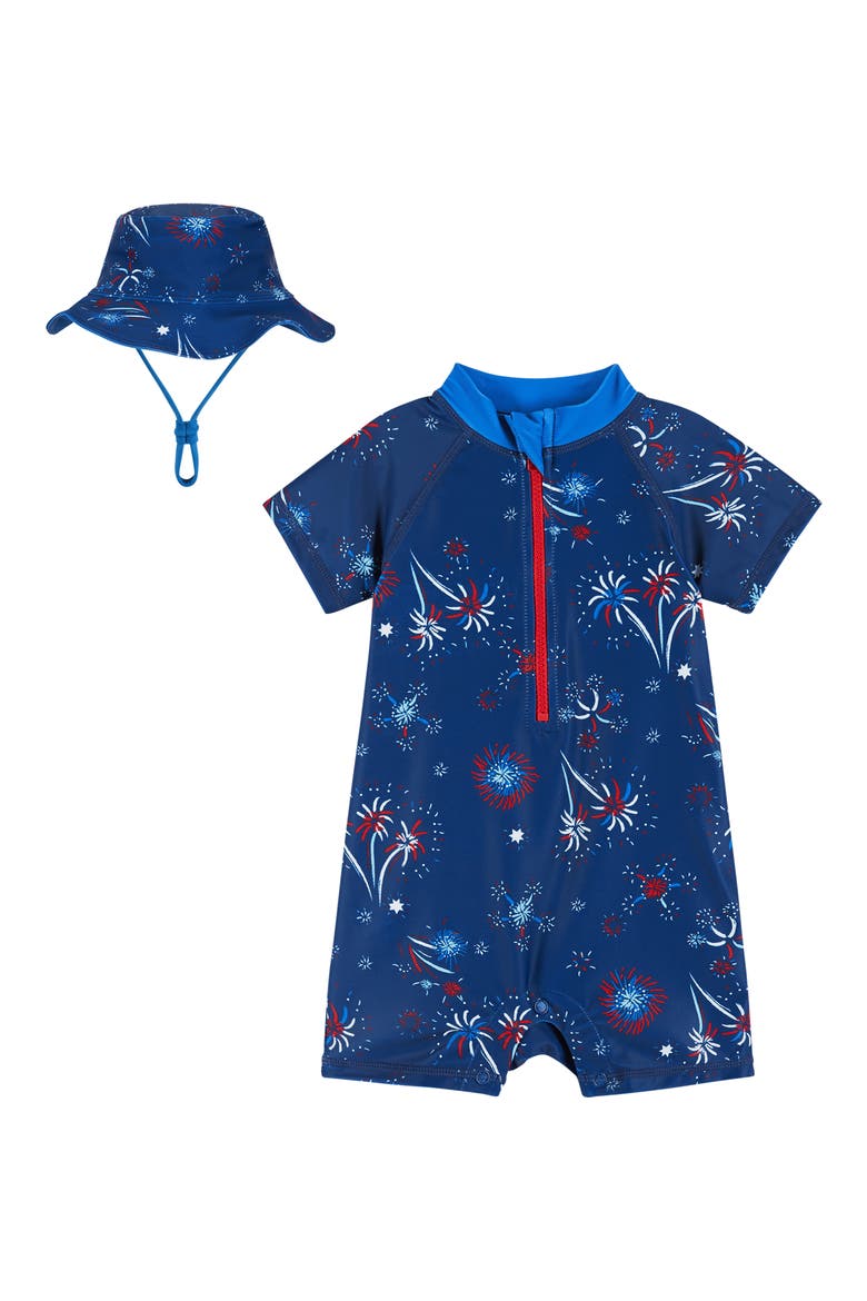 Surfboard Print One-Piece Rashguard Swimsuit & Sun Hat Set, Main, color, NAVY FIREWORK