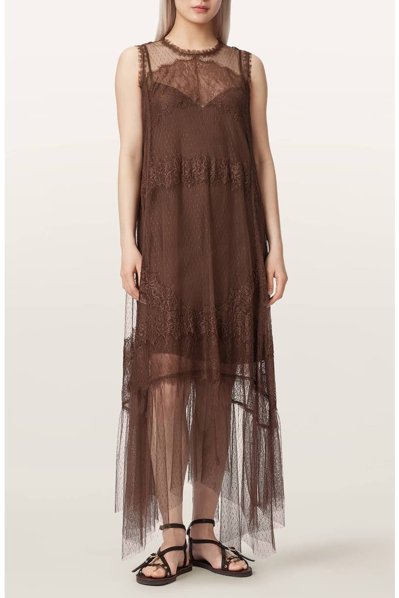 Clara Sheer Lace Sleeveless Handkerchief Hem Dress, Main, color, BITTER BROWN
