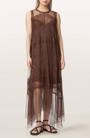 AllSaints Clara Sheer Lace Sleeveless Handkerchief Hem Dress