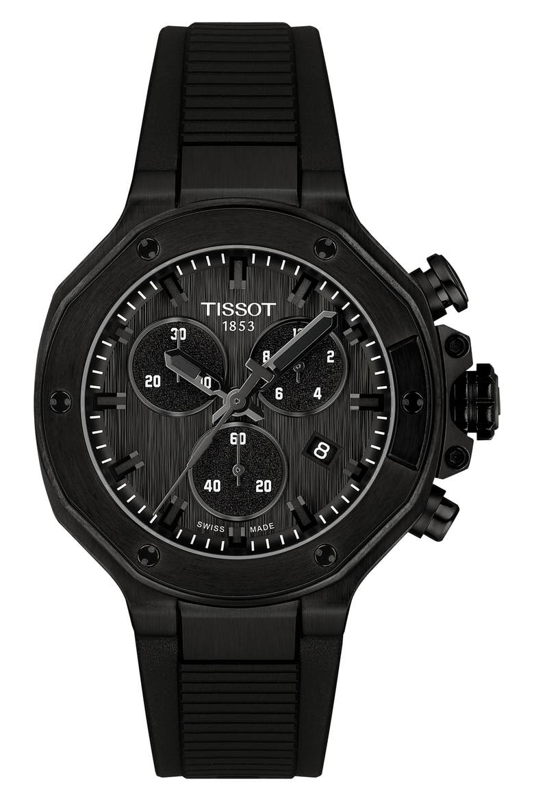 T-Race Chronograph Silicone Strap Watch, 38mm, Main, color, BLACK