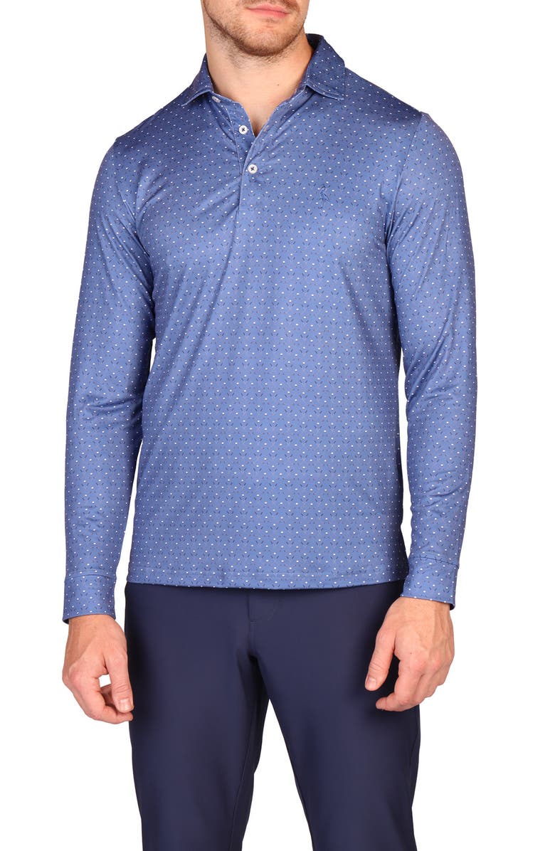 TailorByrd Golf Club Print Long Sleeve Performance Quarter Zip Polo, Main, color, Denim