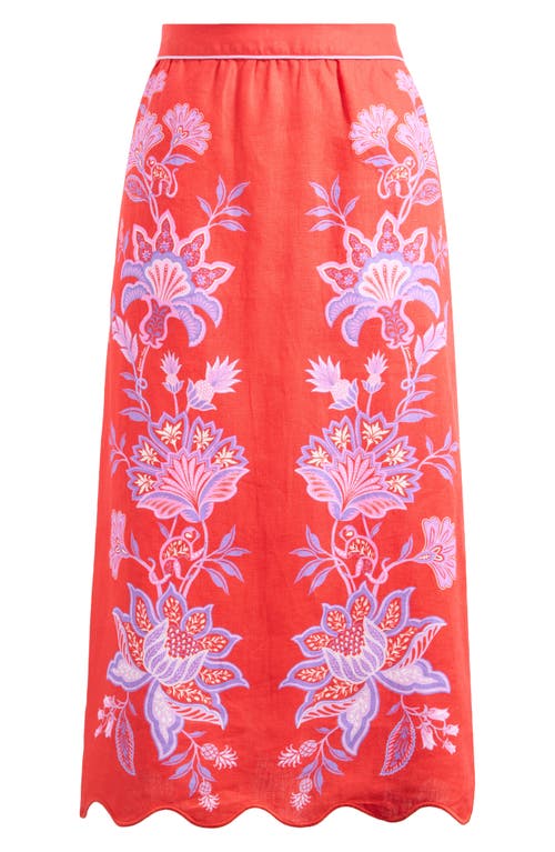 Farm Rio Porcelain Garden Embroidered Scallop-hem Midi Skirt In Red
