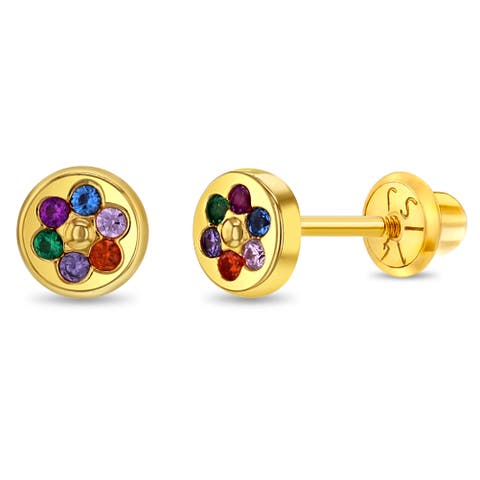 14k Round Multicolored Flower Earrings