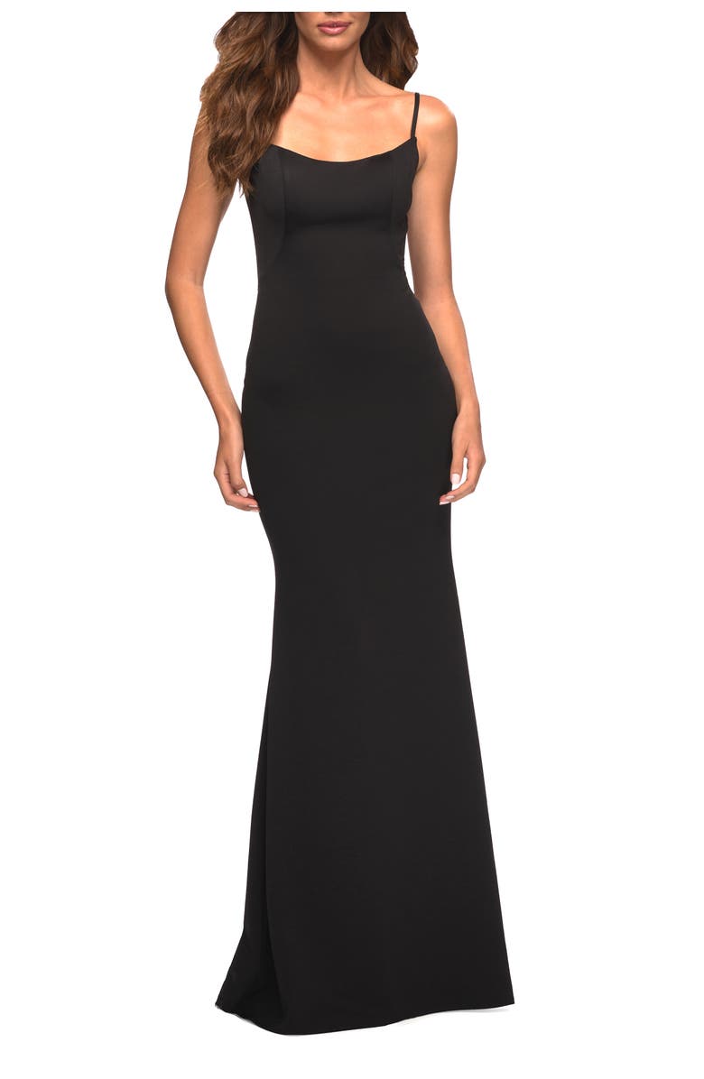 La Femme Simple Elegant Long Jersey Dress with Scoop Neck, Main, color, Black