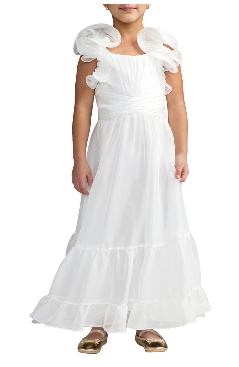 Mac Duggal Girls Solid Chiffon Ruffle Shoulder Dress, Main, color, White