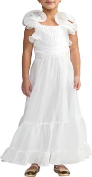 Mac Duggal Girls Solid Chiffon Ruffle Shoulder Dress