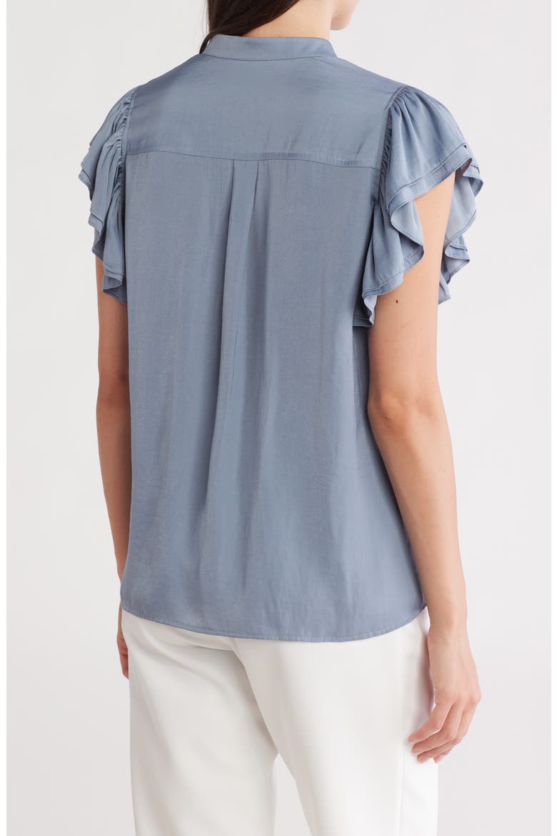 Ruffle Sleeve Button-Up Shirt, Alternate, color, PETROL BLUE