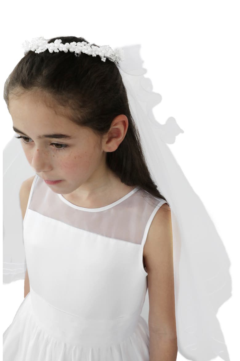 First Communion Beaded Crown Veil, Alternate, color, WHITE