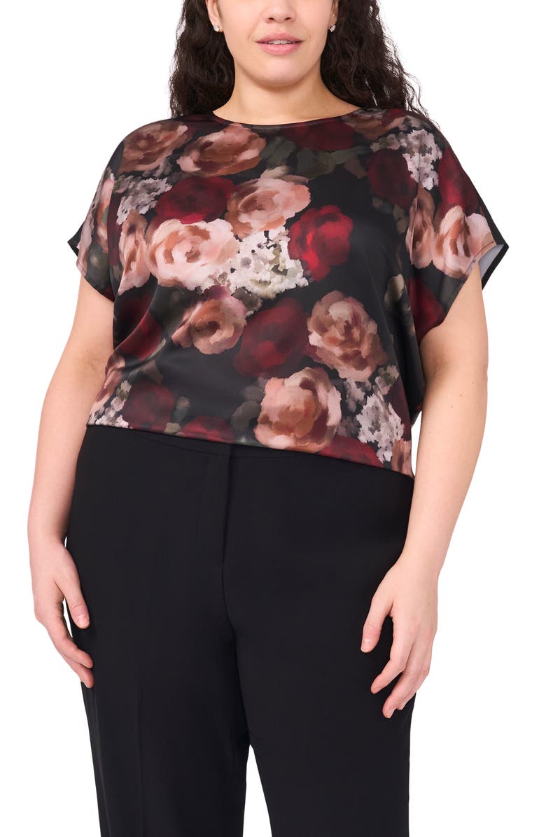 Halogen<sup>®</sup> Floral Cap Sleeve Top, Main, color, Rich Black