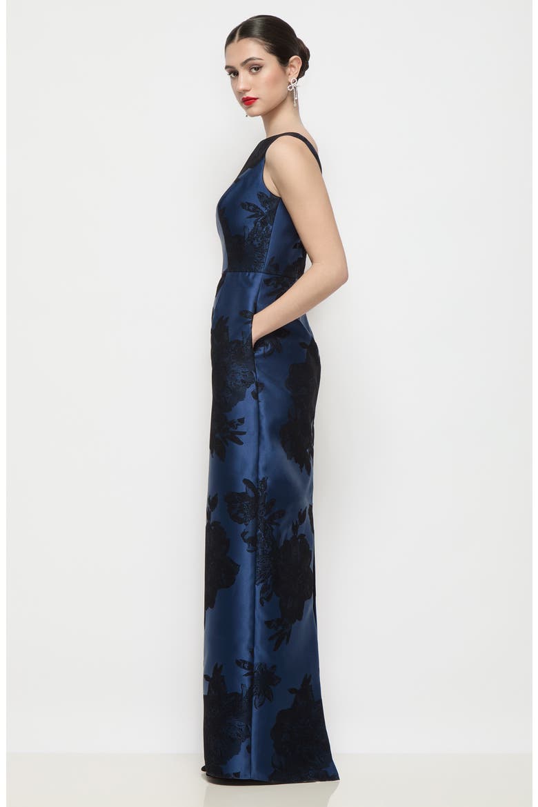 Lisette Floral Embroidered Sleeveless Satin Gown, Alternate, color, SOFT NAVY/ BLACK
