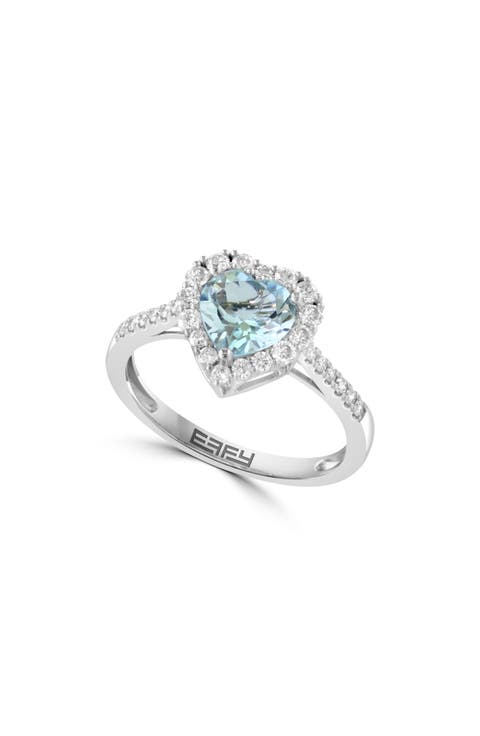 14K White Gold Aquamarine Heart & Diamond Halo Ring