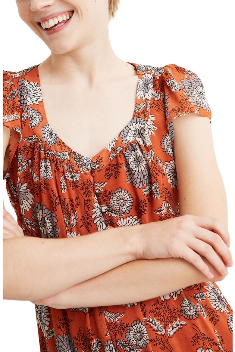 Sheer Sleeve Button Front Dress, Alternate, color, BLOCKPRINT FLORAL RUSTED TIN