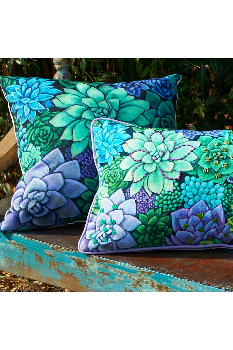 Succulent Garden Printed & Embellished Throw Pillow, 12" x 24", Alternate, color, Blue