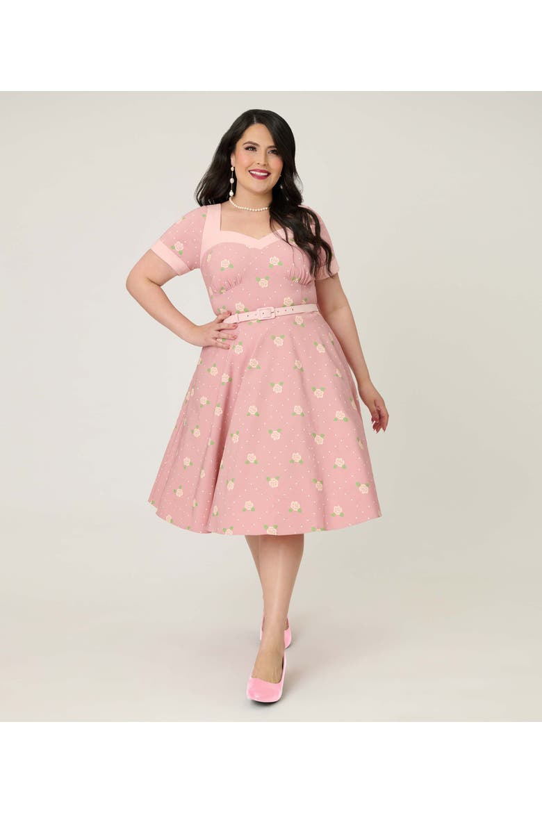 Plus Size 1950s Sweetheart Neckline Swing Dress, Main, color, Light Pink Roses Print