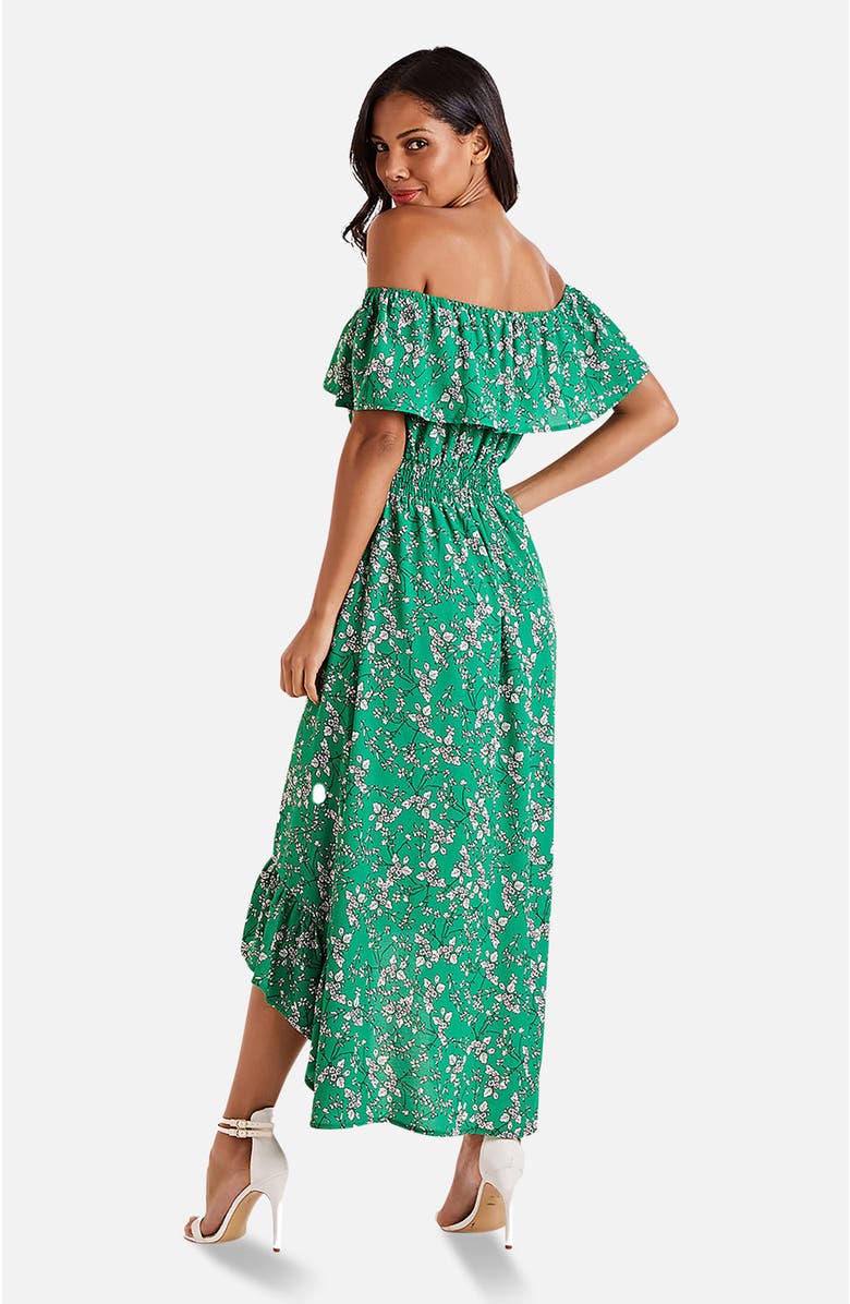 Yumi Floral Bardot Ruffled Hem Midi Dress, Alternate, color, Green