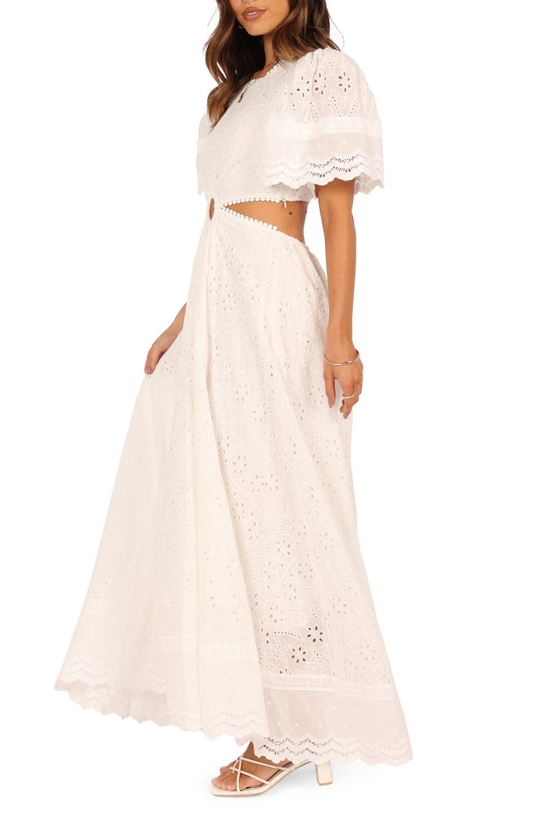 Merletto Short Sleeve Cutout Eyelet Maxi Dress, Alternate, color, WHITE