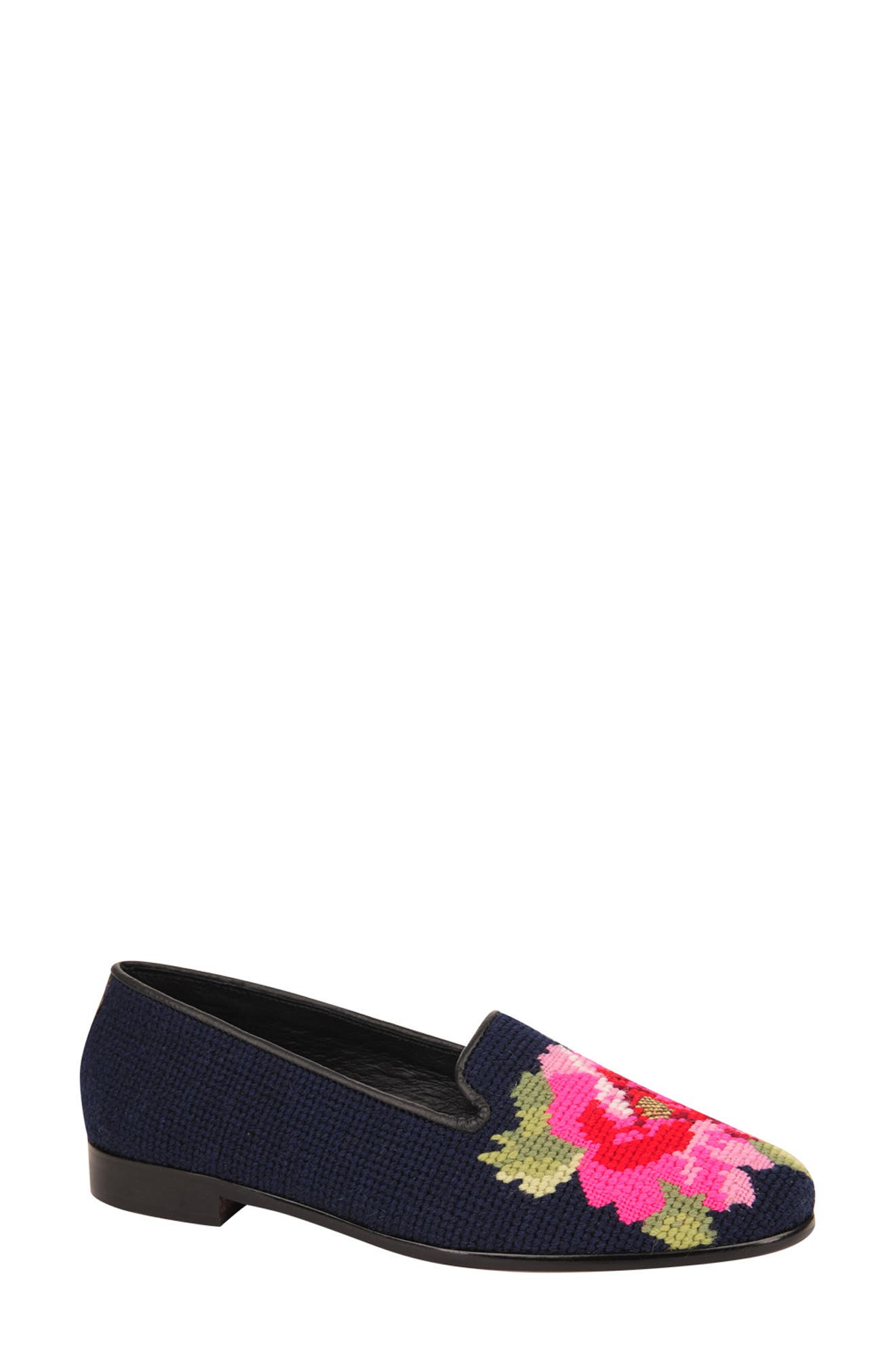 ByPaige Needlepoint Peony Flat, Main, color, Pink Peony On Navy Loafer