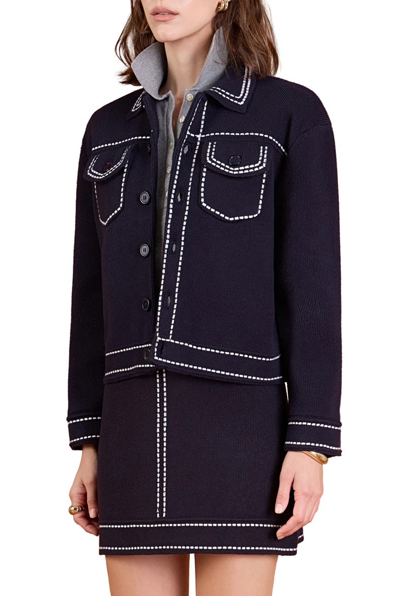 Denim Look Collared Cardigan, Alternate, color, NAVY/ WHITE