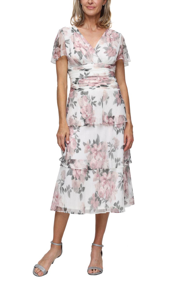 Floral Print Tiered Bodre Midi Dress, Main, color, IVORY MULT