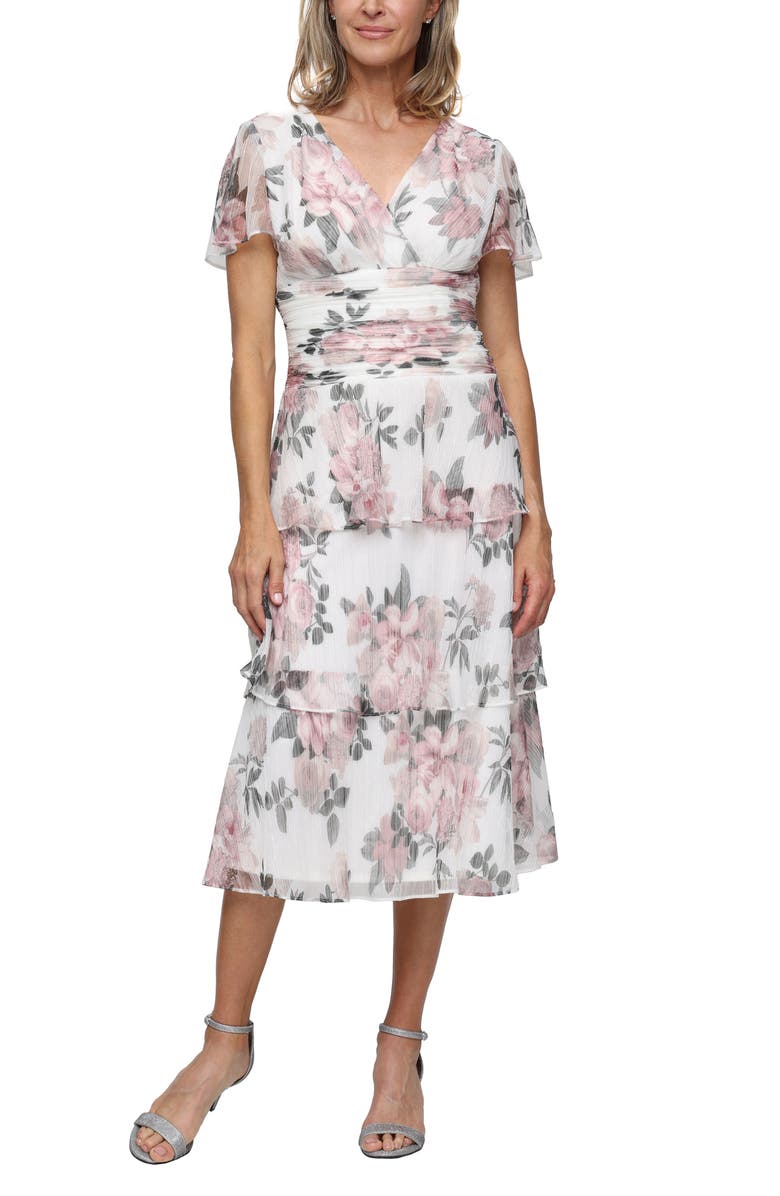 SL FASHIONS Floral Print Tiered Bodre Midi Dress, Main, color, Ivory Mult