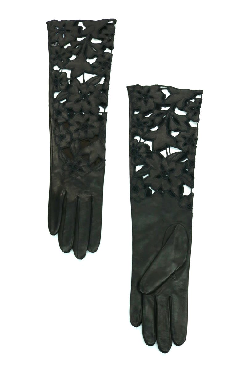 Portolano Long Leather Gloves with floral design, Main, color, Black