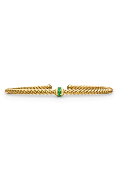 Classic Cablespira® Station Bracelet in 18K Yellow Gold with Pavé Emeralds, 3mm