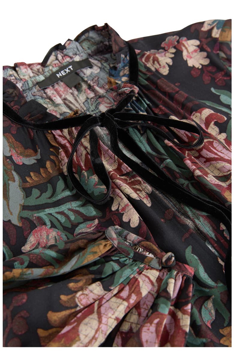 Floral Long Sleeve Ruffle Hem Dress, Alternate, color, BLACK