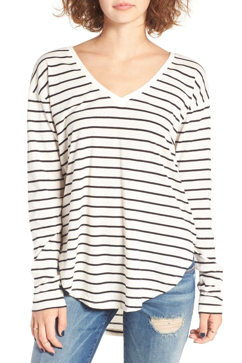 V-Neck Long Sleeve Stripe Tee, Main, color, IVORY EGRET TINY STRIPE