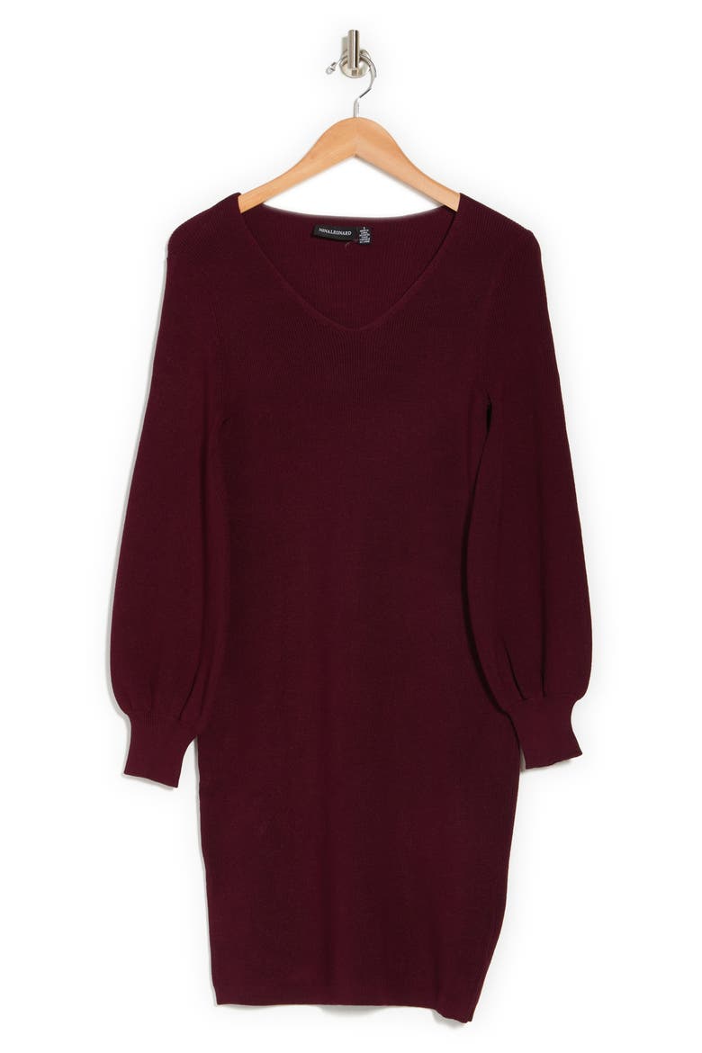 V-Neck Balloon Sleeve Sweater Dress, Alternate, color, DEEPWINE
