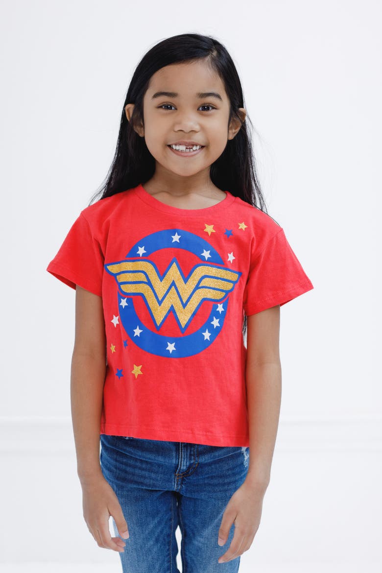 Justice League Glitter Graphic T-Shirt, Alternate, color, Wonder Woman Red