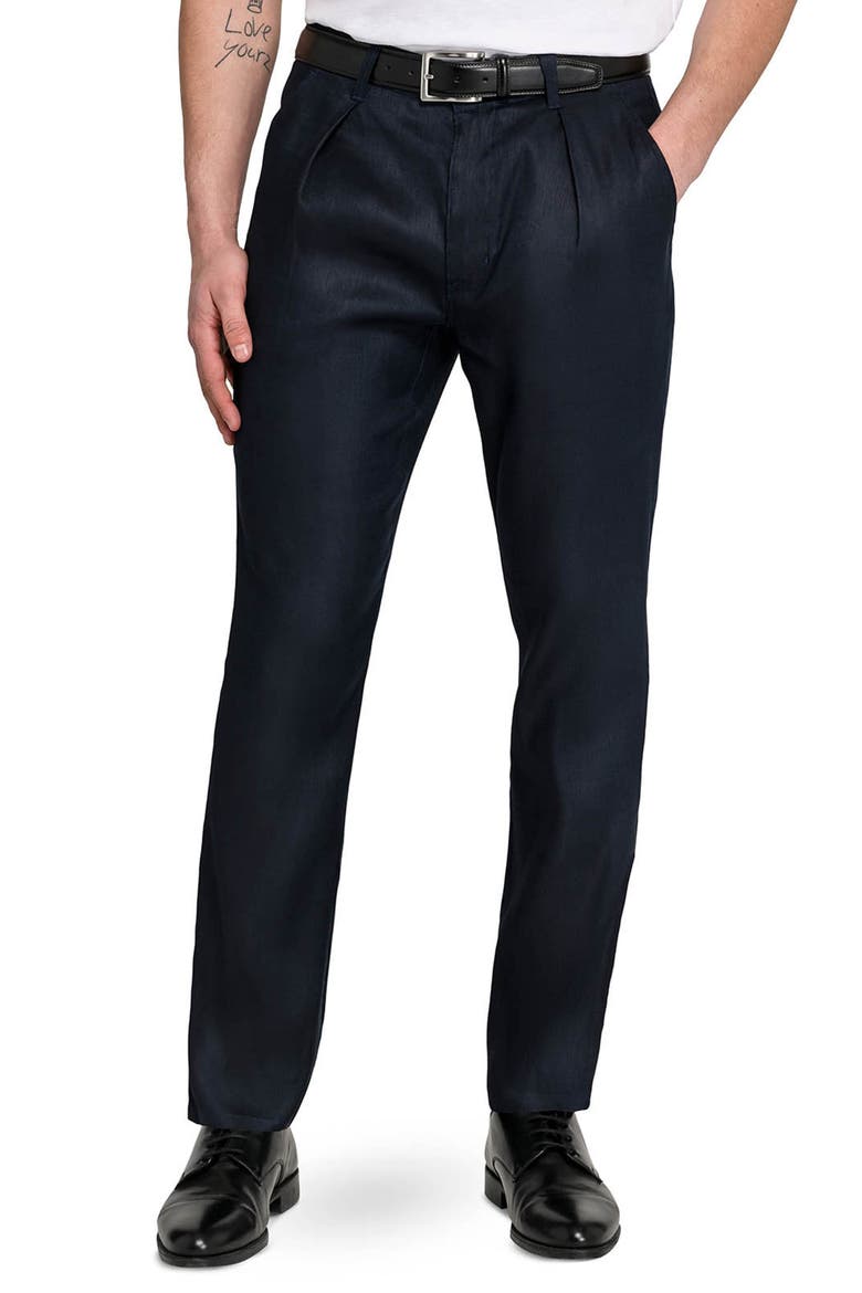 Slim Fit Pleated Linen Blend Pants, Main, color, NAVY