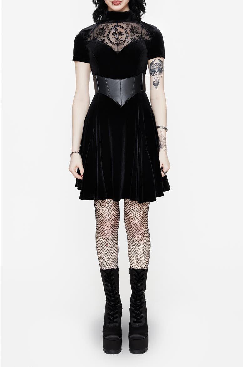 Cameo High Neck Flocked Mini Dress, Main, color, Black