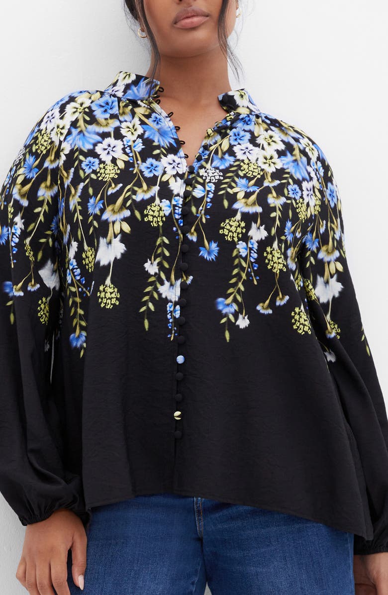 City Chic Kayla Floral Print Shirt, Main, color, Black/ Blue Floral