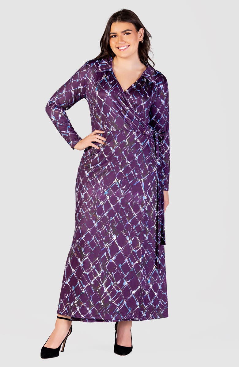 24seven Comfort Apparel Abstract Print Long Sleeve Wrap Front Maxi Dress, Alternate, color, Purple Multi