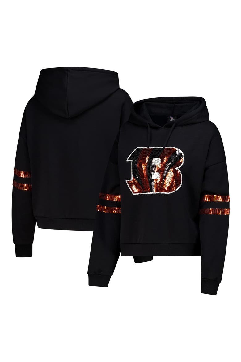 Women's Cuce Black Cincinnati Bengals Cropped Sequins Pullover Hoodie, Main, color, Black