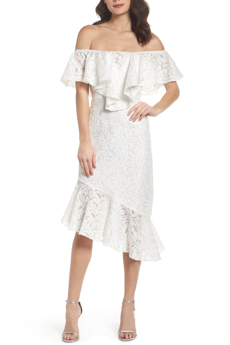 C/MEO More to Give Off the Shoulder Midi Dress, Main, color, IVORY