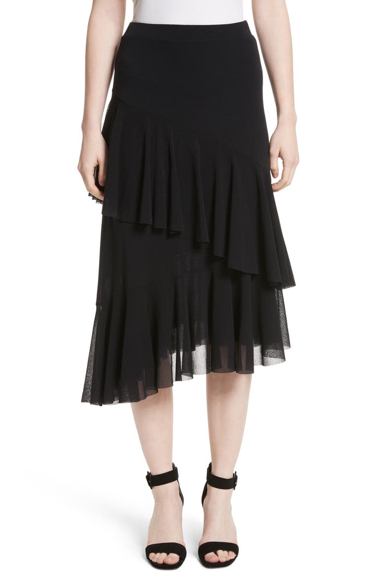 Ruffle Tulle Midi Skirt, Main, color, NERO