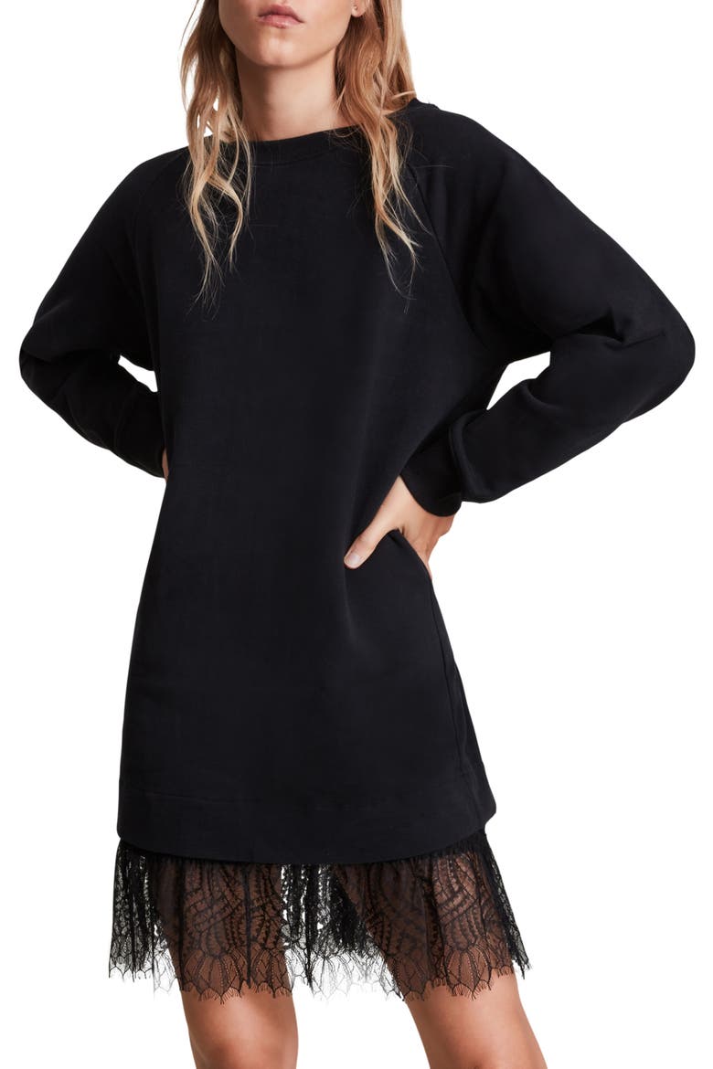 Lee Long Sleeve Lace Hem Sweatshirt Dress, Alternate, color, BLACK