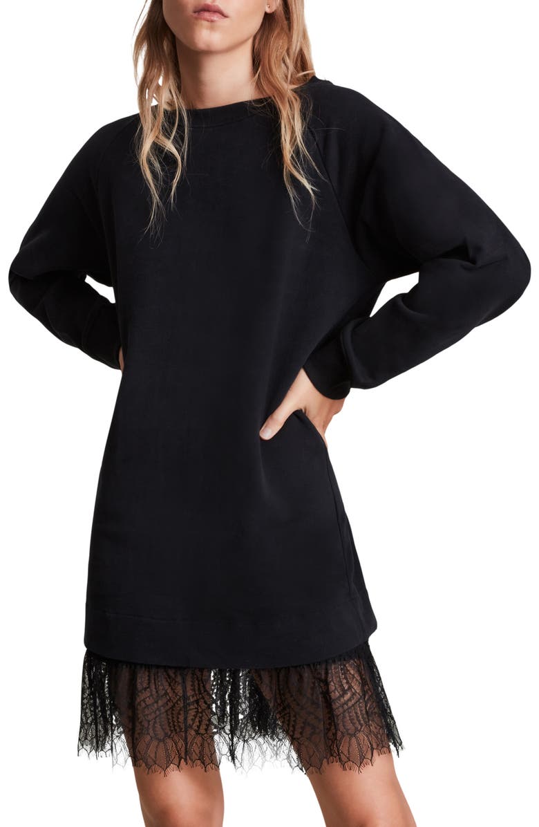 AllSaints Lee Long Sleeve Lace Hem Sweatshirt Dress, Alternate, color,