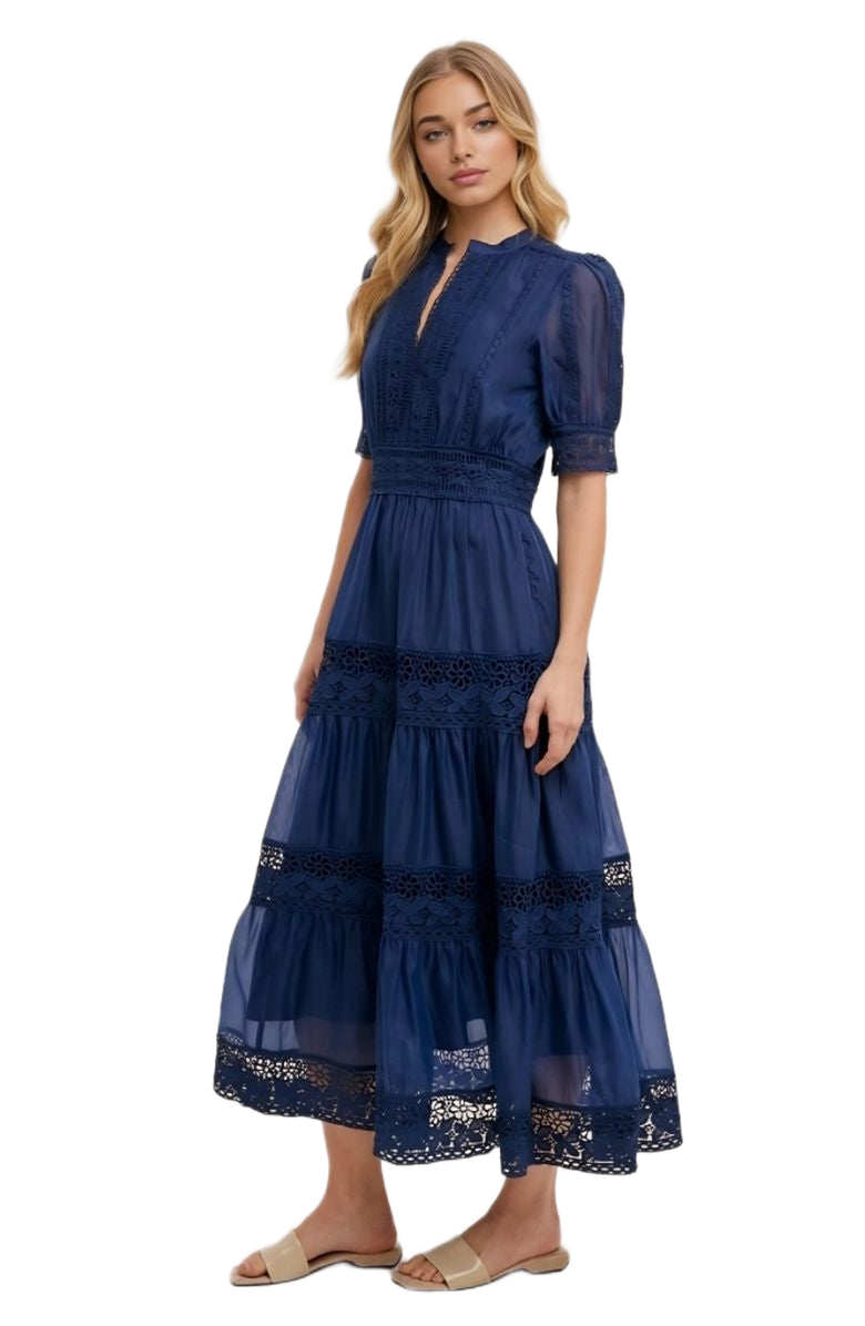 Knit and Lounge Lace Pintuck Tiered Midi Dress, Alternate, color, Navy
