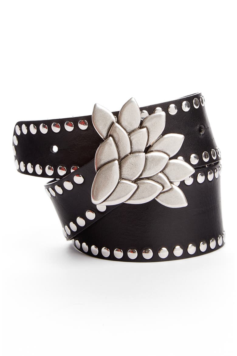 Lowi Floral Studded Leather Belt, Main, color, BLACK