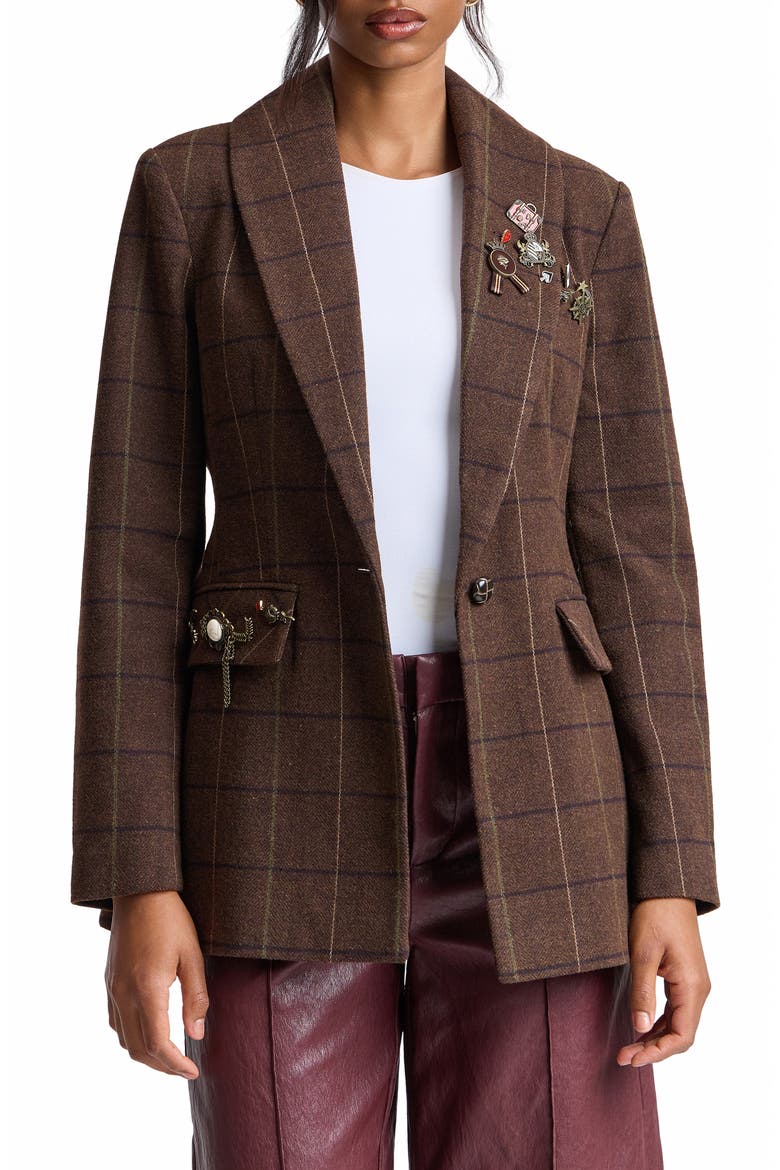 Plaid Longline Blazer, Main, color, RICH BROWN PLAID
