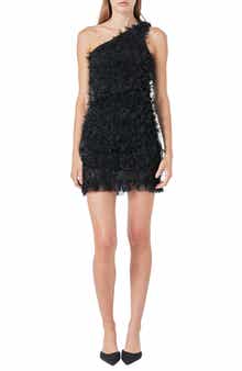 One-Shoulder Mesh Fringe Minidress