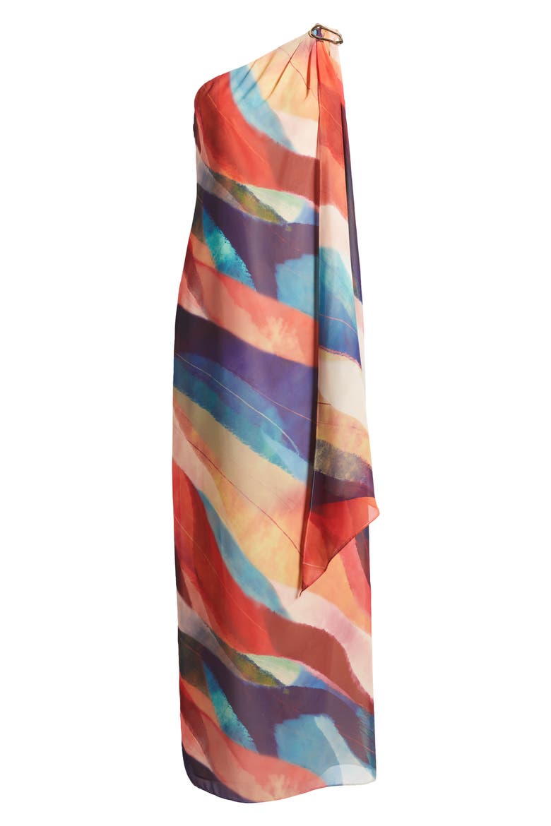 Abstract Stripe One-Shoulder Chiffon Gown, Alternate, color, CORAL MULTI