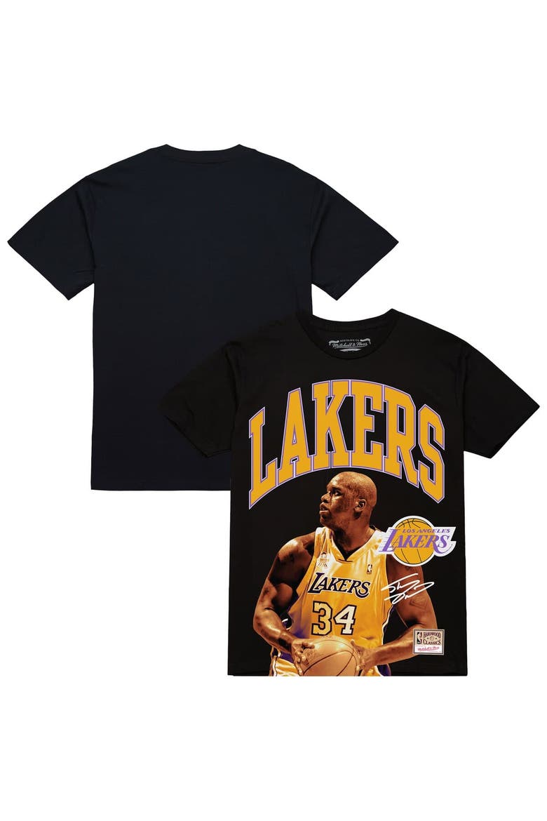 Men's Mitchell & Ness Shaquille O'Neal Black Los Angeles Lakers Hardwood Classics Player Arch T-Shirt, Main, color, Black